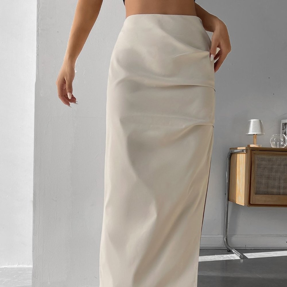 Beige Preppy Womens old Pleated Split Thigh Skirt - Picture 4 of 5